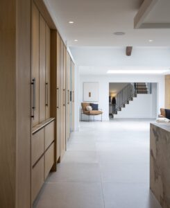 Detail of Verta oak cabinet doors and dark handles